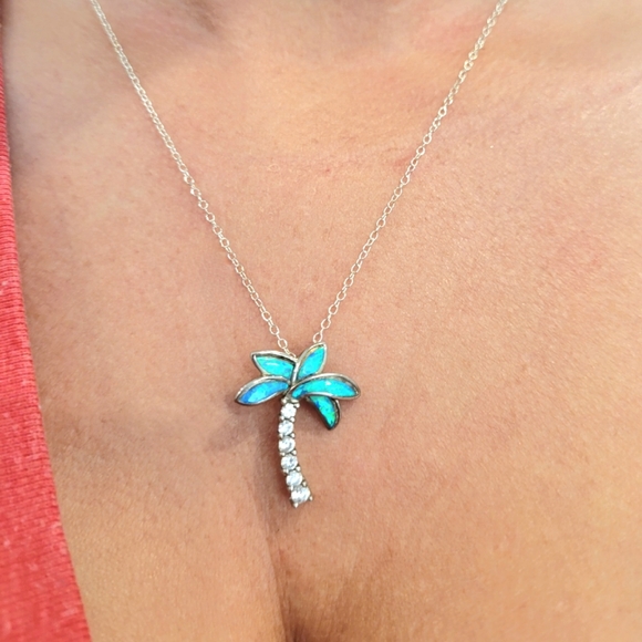 Silver Blue Opal Palm Tree Necklase 18" - Picture 2 of 5